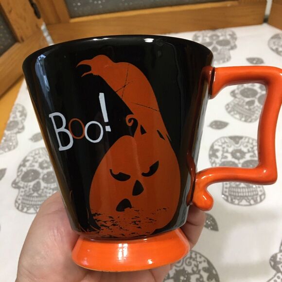 Halloween Mug Crow Raven Pumpkin Hand-Painted Black Orange Square Handle Ceramic - Picture 1 of 8
